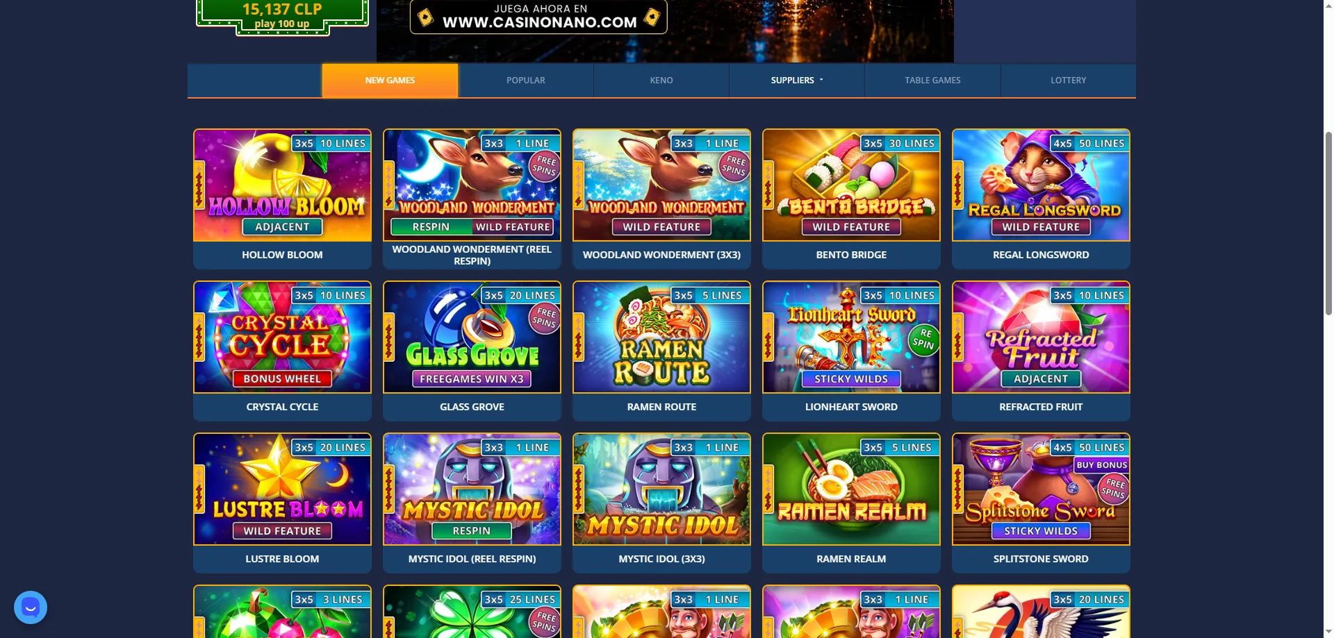Catálogo de juegos Nano Casino tragamonedas y casino en vivo